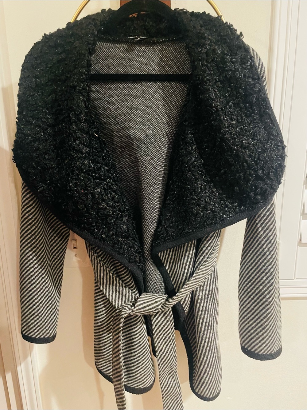 Double Zero Black & Cream Striped Wrap Trench with Plush Shawl Collar